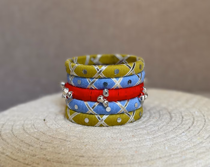 Neelima blue red and olive handmade Navratri thread bangle set with ghungroo by Kruki Dooki