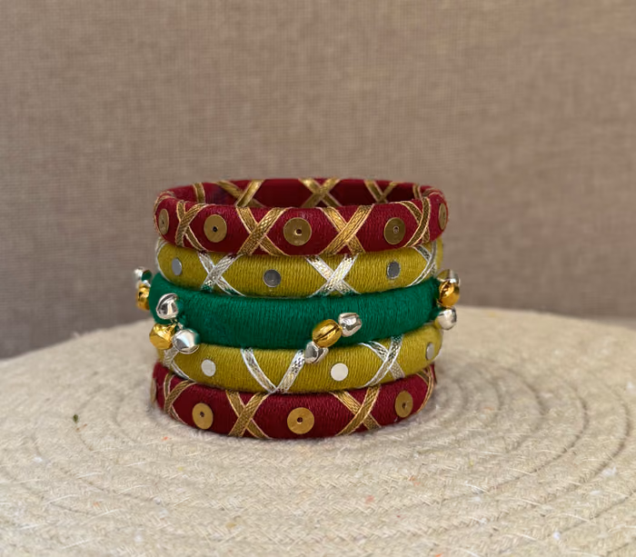 Mangala maroon green and olive handmade traditional thread bangle set by Kruki Dooki