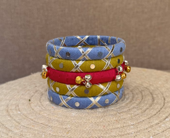 Neelanjali blue pink and olive handmade Navratri thread bangle set by Kruki Dooki