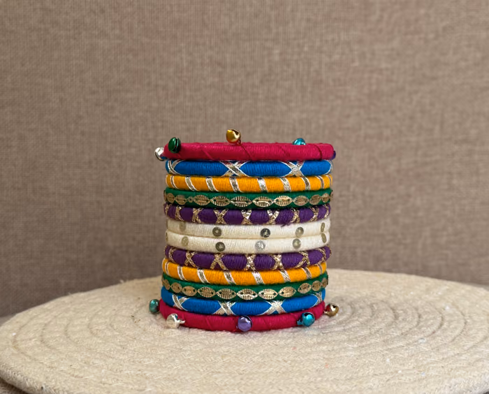 Navrang multicolour handmade Navratri thread bangle set with ghungroo by Kruki Dooki